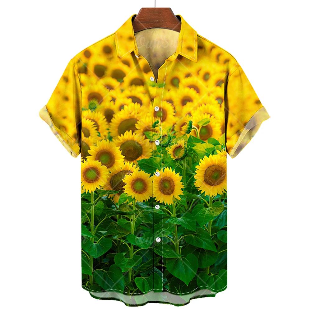 Hawaiian Mens Shirts Sunflower 3d Print Shirts For Men Lapel Fashion Short Sleeve Mens Clothing Loose Oversized Tops